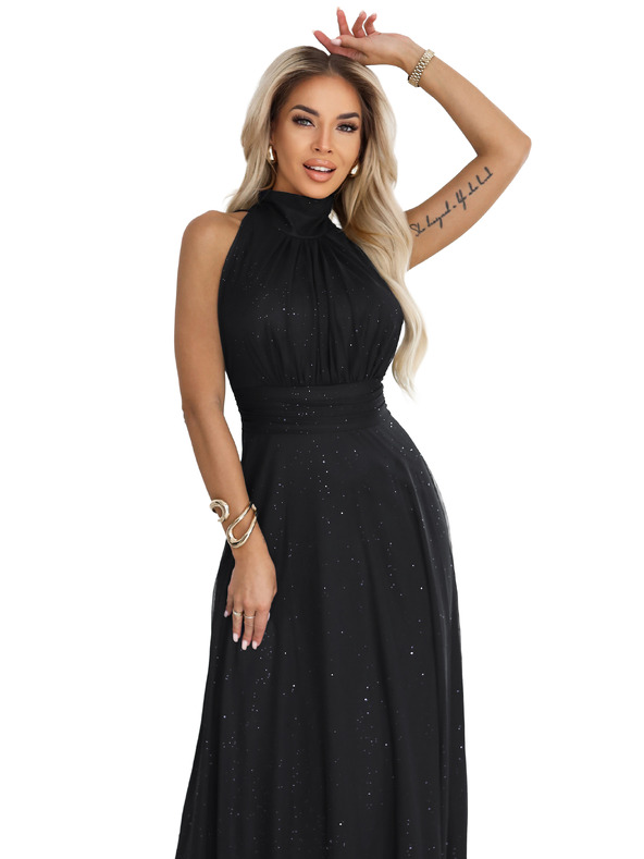 numoco VERONICA rochie lungă de lux cu accent brocat și croiala elegantă - neagră