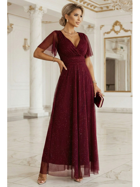 numoco basic MELANIA rochie lungă lucioasă cu decolteu și mâneci scurte - roșu vin