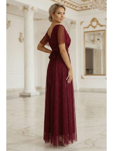 numoco basic MELANIA rochie lungă lucioasă cu decolteu și mâneci scurte - roșu vin