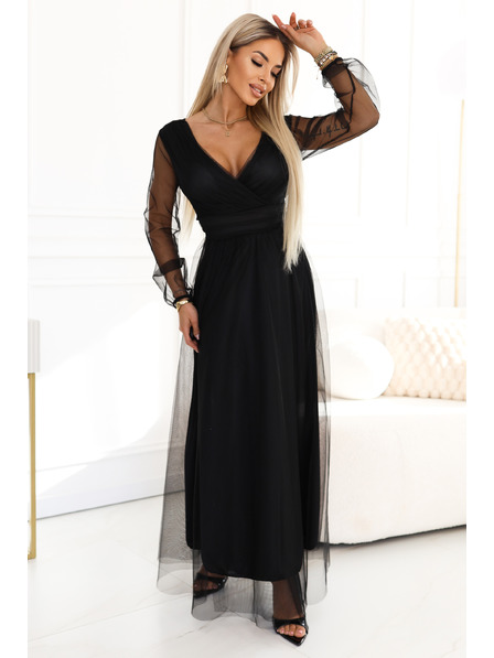 numoco basic Rochie maxi lungă cu mâneci din tul și decolteu încrucișat - neagră
