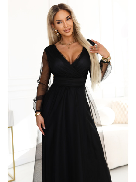 numoco basic Rochie maxi lungă cu mâneci din tul și decolteu încrucișat - neagră