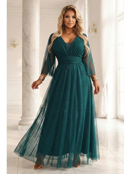 numoco Rochie lungă strălucitoare plus size cu decolteu rotund și mâneci transparente - verde sticlă