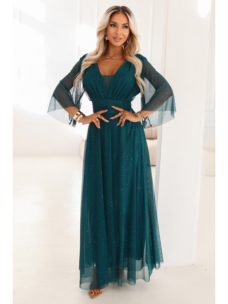 numoco Rochie lungă strălucitoare plus size cu decolteu rotund și mâneci transparente - verde sticlă