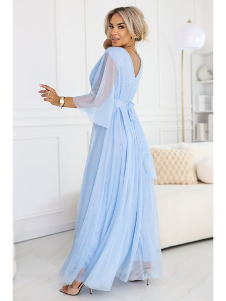 numoco Rochie lungă lucioasă plus size cu decolteu și mâneci transparente - albastru deschis