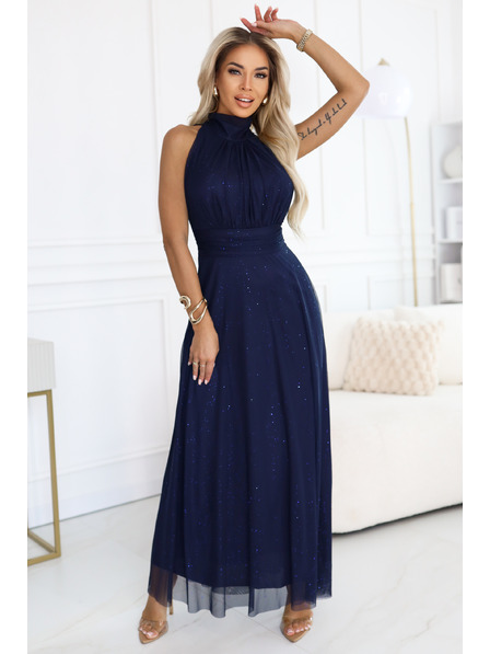 numoco VERONICA Rochie lungă de lux cu accentu brocart și croiala elegantă - bleumarin