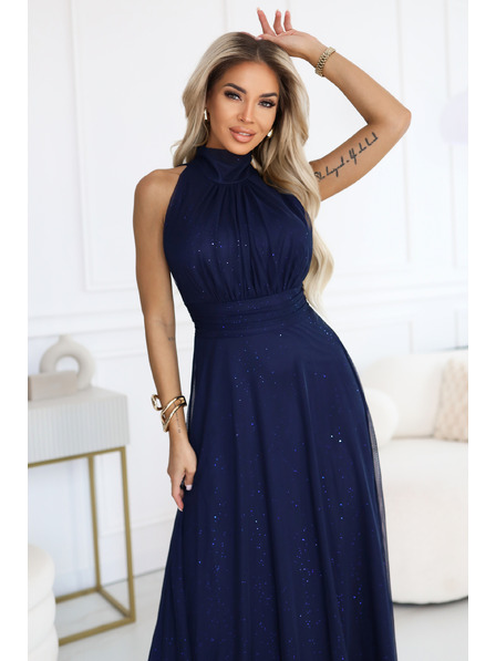 numoco VERONICA Rochie lungă de lux cu accentu brocart și croiala elegantă - bleumarin