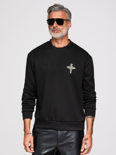 Ombre Clothing Bluză pentru bărbați cu aplicație de cruce și piatră argintie și gât rotund - neagră V1 OM-SSNZ-0271 Ombre Clothing