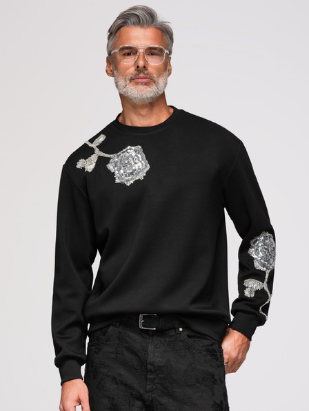 Ombre Clothing Bluză pentru bărbați cu aplicații de trandafiri din paiete argintii și mărgele cu gât rotund - neagră V1 OM-SSNZ-0272 Ombre Clothing