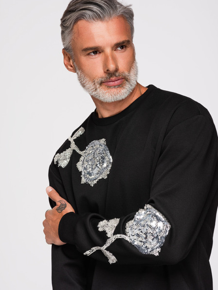 Ombre Clothing Bluză pentru bărbați cu aplicații de trandafiri din paiete argintii și mărgele cu gât rotund - neagră V1 OM-SSNZ-0272 Ombre Clothing