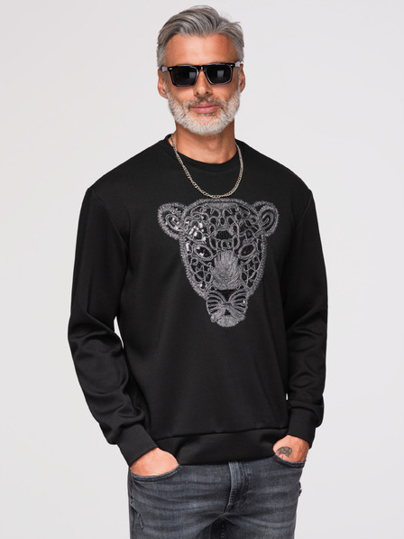 Ombre Clothing Bluză pentru bărbați cu aplicație argintie și neagră de panteră pe piept cu gât rotund - neagră V1 OM-SSNZ-0273 Ombre Clothing