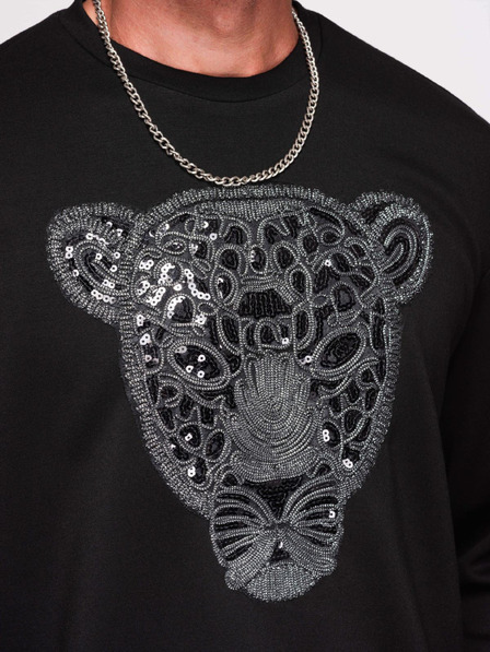 Ombre Clothing Bluză pentru bărbați cu aplicație argintie și neagră de panteră pe piept cu gât rotund - neagră V1 OM-SSNZ-0273 Ombre Clothing