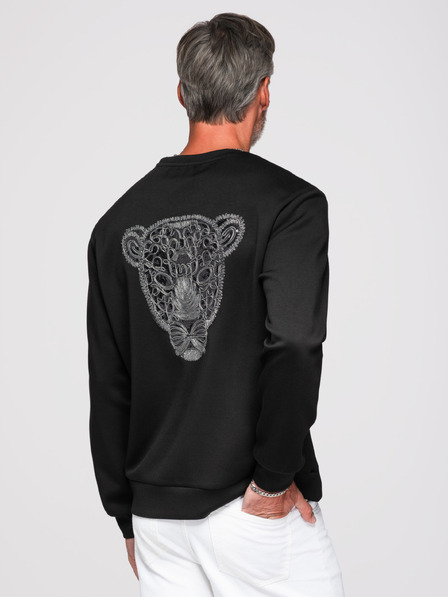 Ombre Clothing Bluză pentru bărbați cu aplicație argintie și neagră de panteră pe spate cu gât rotund - neagră V1 OM-SSNZ-0274 Ombre Clothing