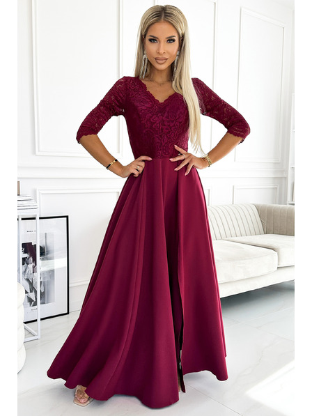 numoco Rochie lungă elegantă maxi cu decolteu din dantelă - burgundy Numoco AMBER