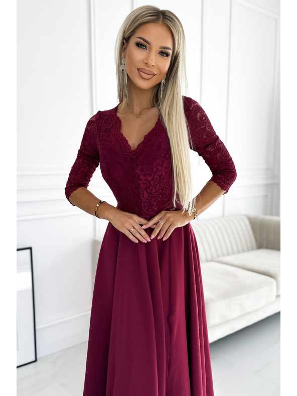 numoco Rochie lungă elegantă maxi cu decolteu din dantelă - burgundy Numoco AMBER