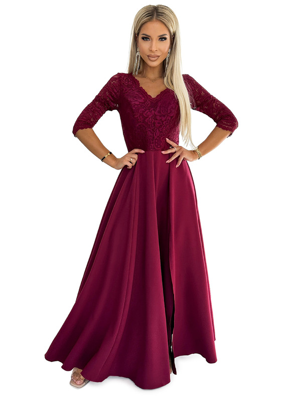 numoco Rochie lungă elegantă maxi cu decolteu din dantelă - burgundy Numoco AMBER