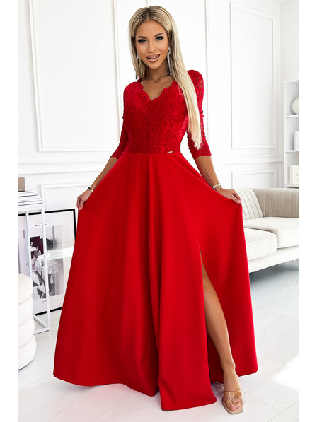 numoco Rochie lungă din dantelă, elegantă, cu decolteu în formă de inimă și crăpătură pe picior - roșu Numoco AMBER