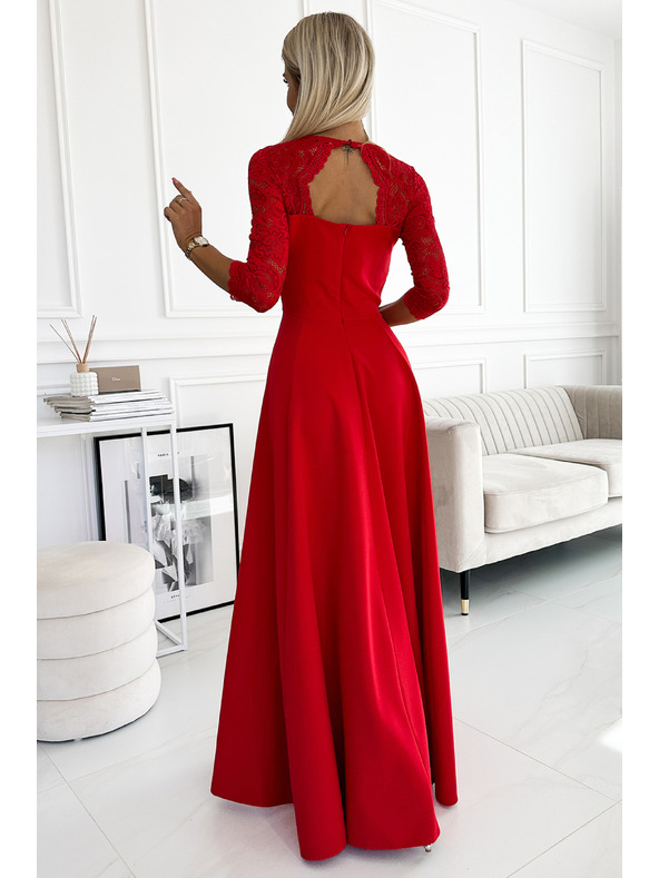 numoco Rochie lungă din dantelă, elegantă, cu decolteu în formă de inimă și crăpătură pe picior - roșu Numoco AMBER