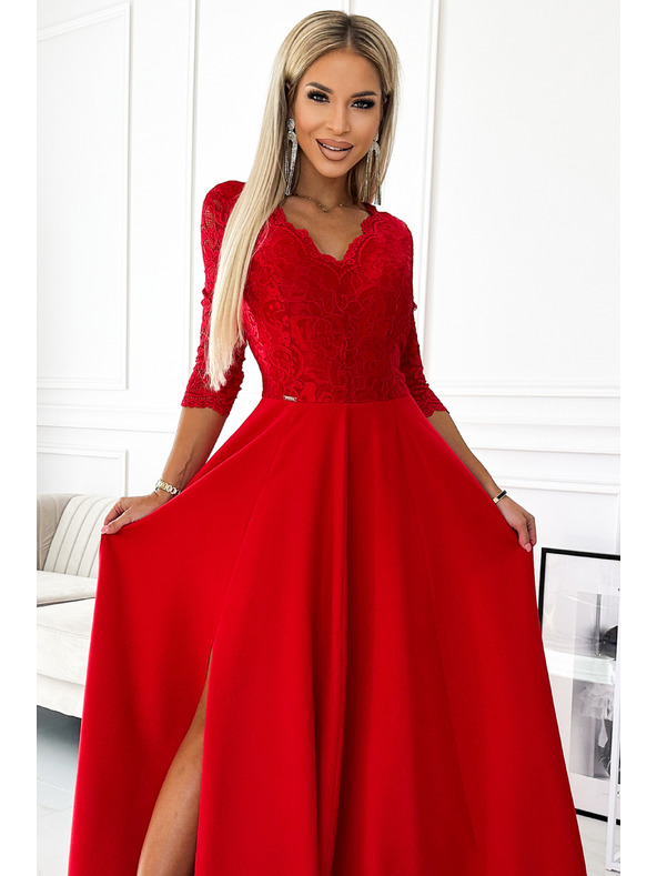numoco Rochie lungă din dantelă, elegantă, cu decolteu în formă de inimă și crăpătură pe picior - roșu Numoco AMBER