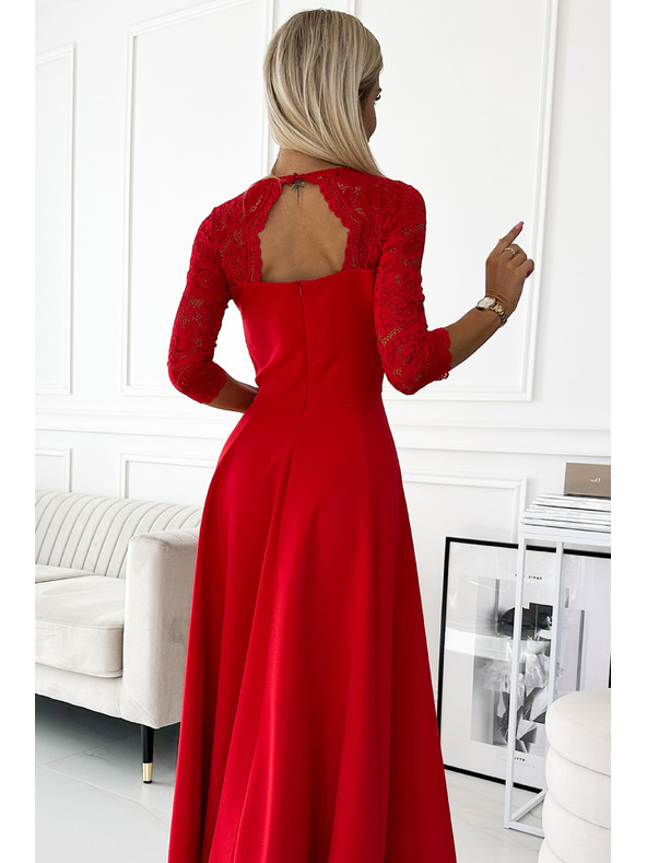 numoco Rochie lungă din dantelă, elegantă, cu decolteu în formă de inimă și crăpătură pe picior - roșu Numoco AMBER