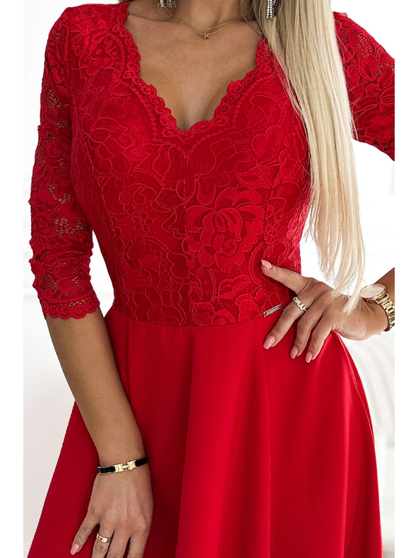 numoco Rochie lungă din dantelă, elegantă, cu decolteu în formă de inimă și crăpătură pe picior - roșu Numoco AMBER