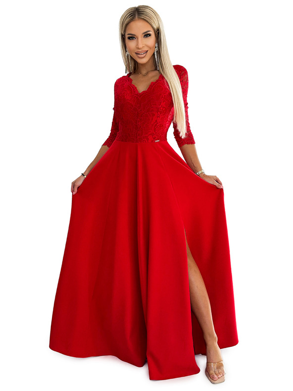 numoco Rochie lungă din dantelă, elegantă, cu decolteu în formă de inimă și crăpătură pe picior - roșu Numoco AMBER