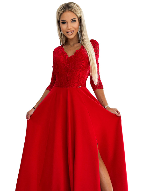 numoco Rochie lungă din dantelă, elegantă, cu decolteu în formă de inimă și crăpătură pe picior - roșu Numoco AMBER