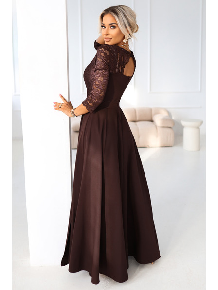 numoco AMBER rochie lungă elegantă din dantelă cu decolteu - ciocolată