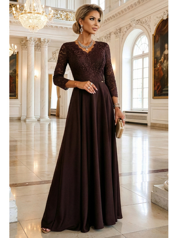 numoco AMBER rochie lungă elegantă din dantelă cu decolteu - ciocolată