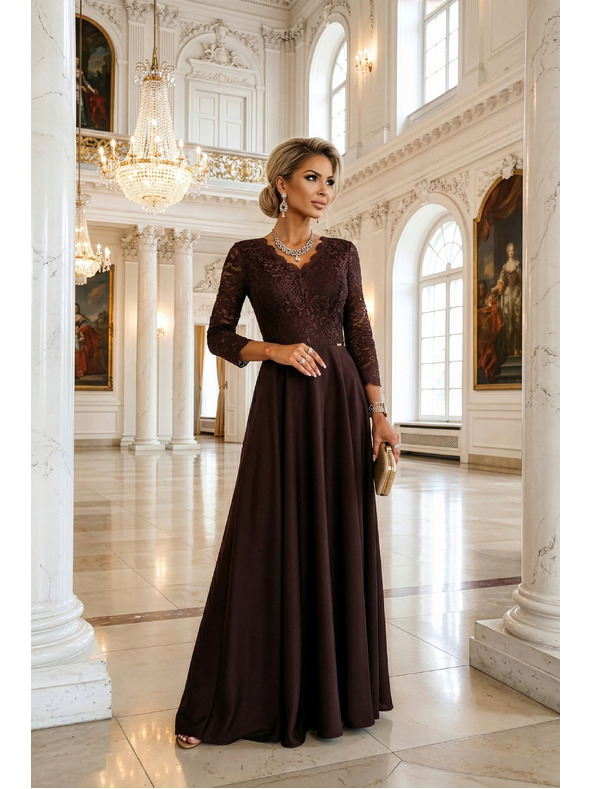 numoco AMBER rochie lungă elegantă din dantelă cu decolteu - ciocolată