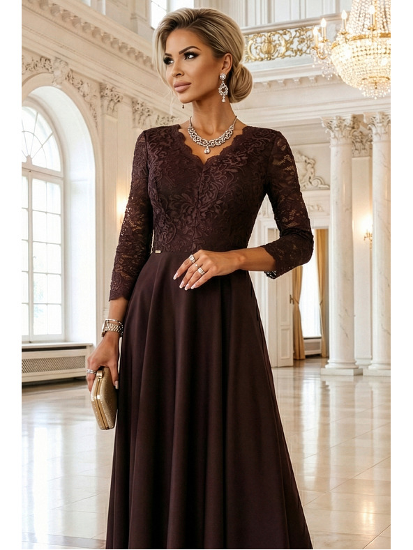 numoco AMBER rochie lungă elegantă din dantelă cu decolteu - ciocolată
