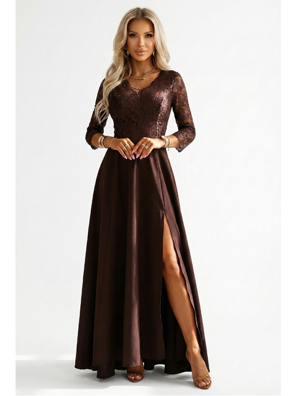 numoco AMBER rochie lungă elegantă din dantelă cu decolteu - ciocolată