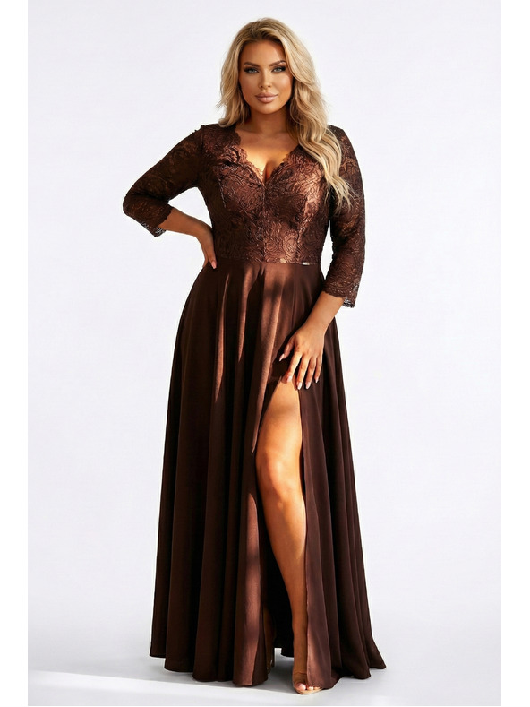 numoco AMBER rochie lungă elegantă din dantelă cu decolteu - ciocolată