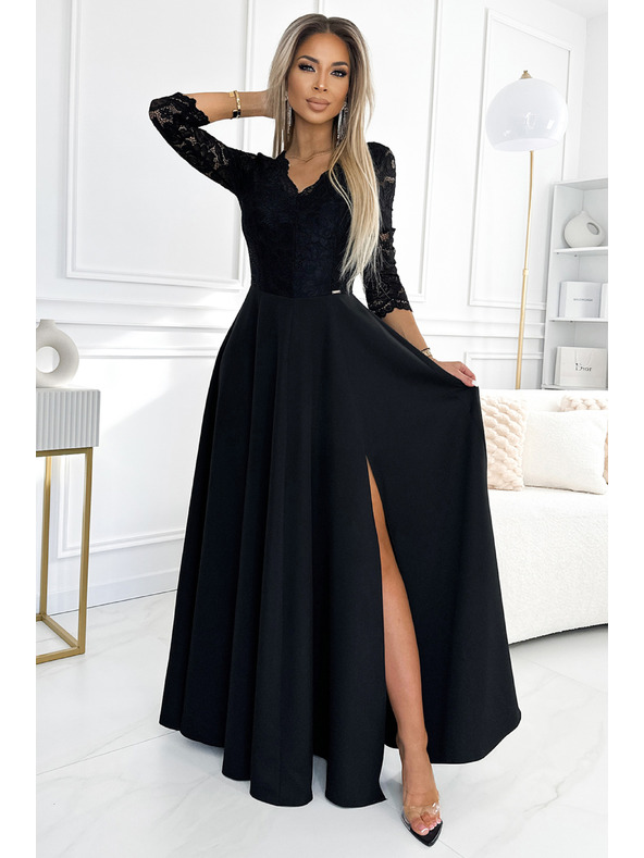 numoco AMBER rochie lungă din dantelă, elegantă, cu decolteu și despicătură pe picior - neagră