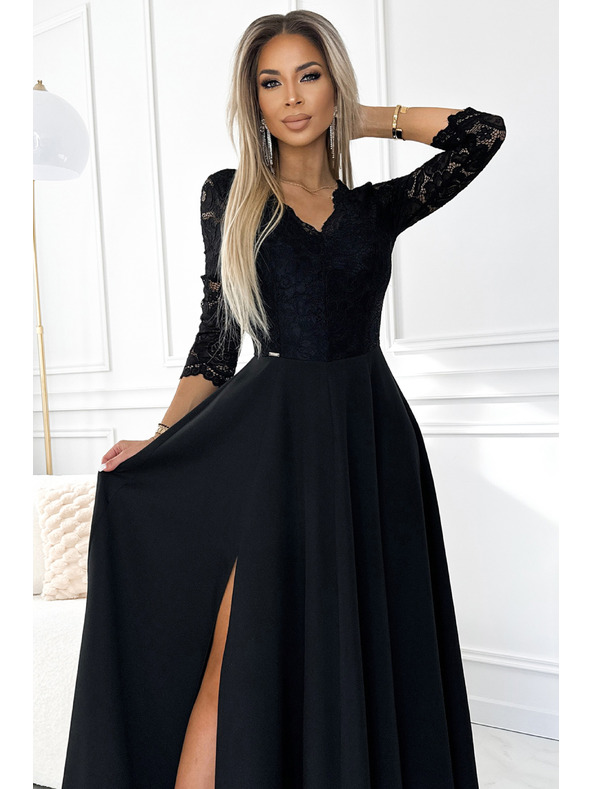 numoco AMBER rochie lungă din dantelă, elegantă, cu decolteu și despicătură pe picior - neagră