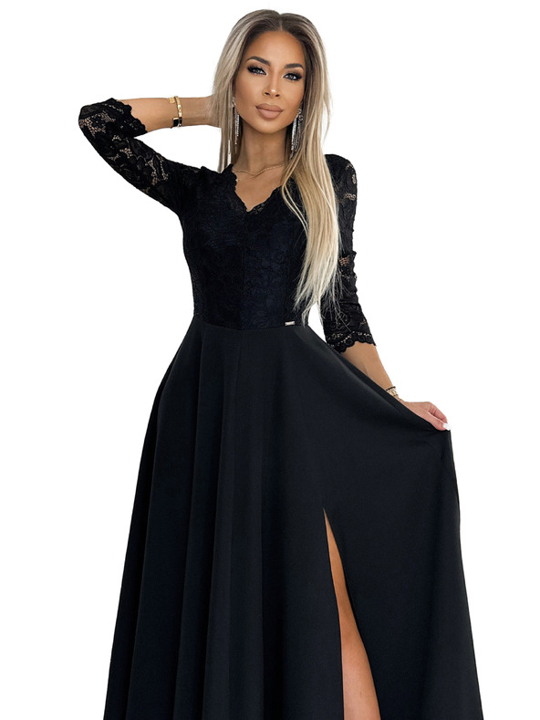 numoco AMBER rochie lungă din dantelă, elegantă, cu decolteu și despicătură pe picior - neagră