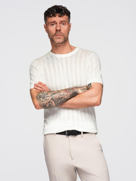 Ombre Clothing Pulover pentru bărbați cu decolteu rotund și mâneci scurte - alb