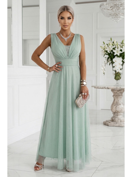 numoco Rochie maxi lungă cu accent brocard și decolteu adânc - pistachio