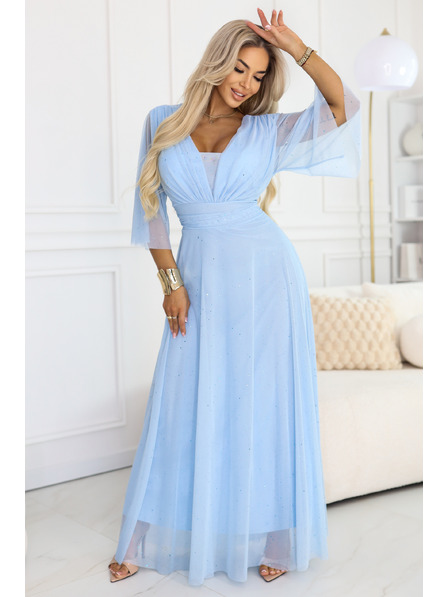 numoco Rochie lungă lucioasă plus size cu decolteu și mâneci transparente - albastru deschis