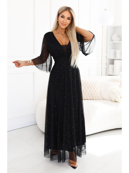 numoco Rochie lungă cu paiete plus size cu decupaj și mânecă transparentă - neagră