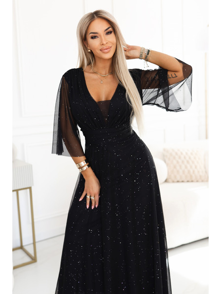 numoco Rochie lungă cu paiete plus size cu decupaj și mânecă transparentă - neagră