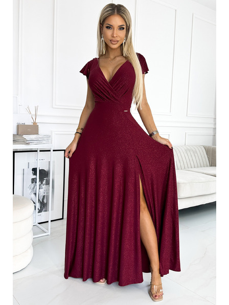 numoco Rochie lungă sclipitoare cu decolteu - burgundia Numoco CRYSTAL