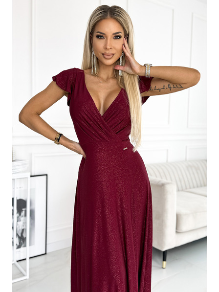 numoco Rochie lungă sclipitoare cu decolteu - burgundia Numoco CRYSTAL