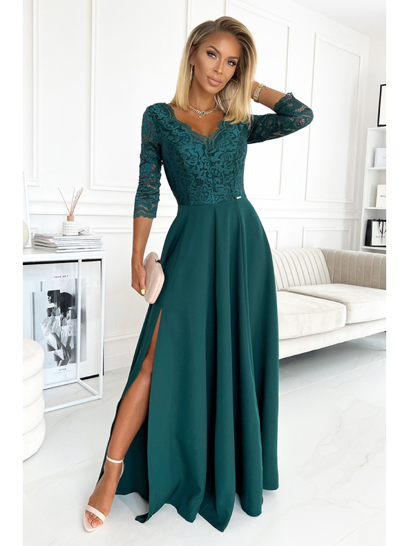 numoco Rochie lungă elegantă din dantelă cu decolteu - verde Numoco AMBER