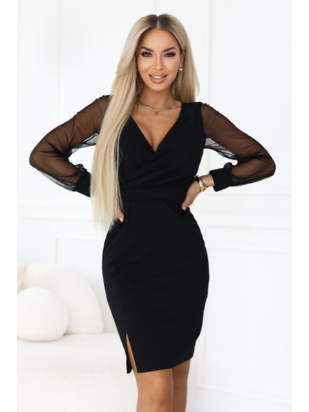 numoco Rochie elegantă ajustată cu decolteu tip wrap, mâneci din tul și cărpicioară - negru