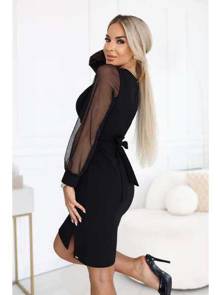 numoco Rochie elegantă ajustată cu decolteu tip wrap, mâneci din tul și cărpicioară - negru