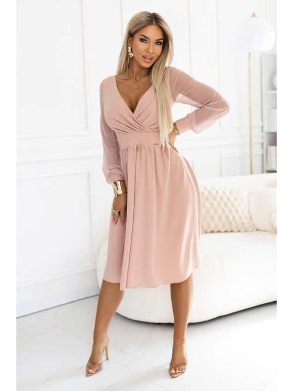numoco Rochie midi elegantă cu decolteu tip eșarfă și mâneci din tul - bej
