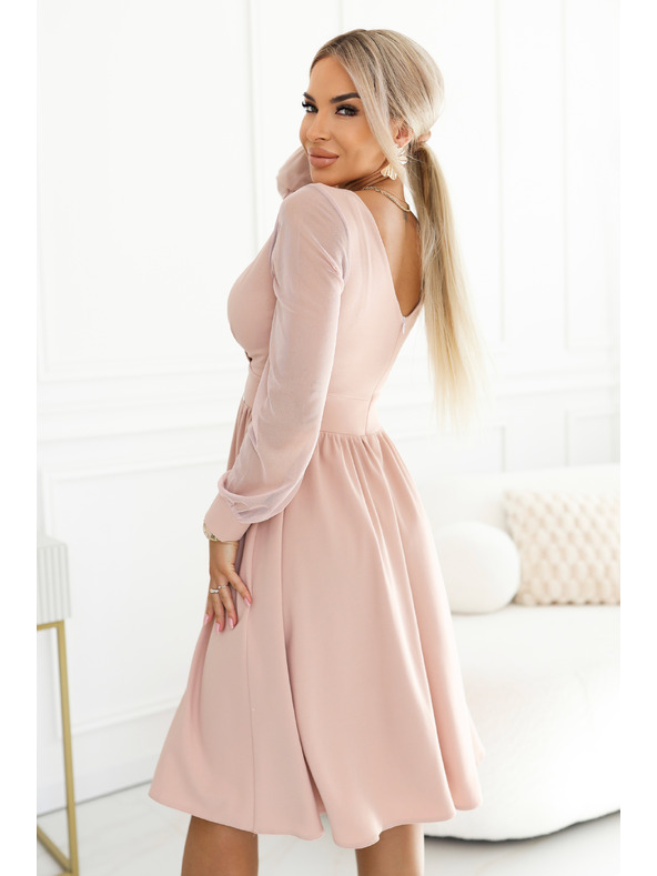 numoco Rochie midi elegantă cu decolteu tip eșarfă și mâneci din tul - bej