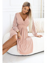 numoco Rochie midi elegantă cu decolteu tip eșarfă și mâneci din tul - bej