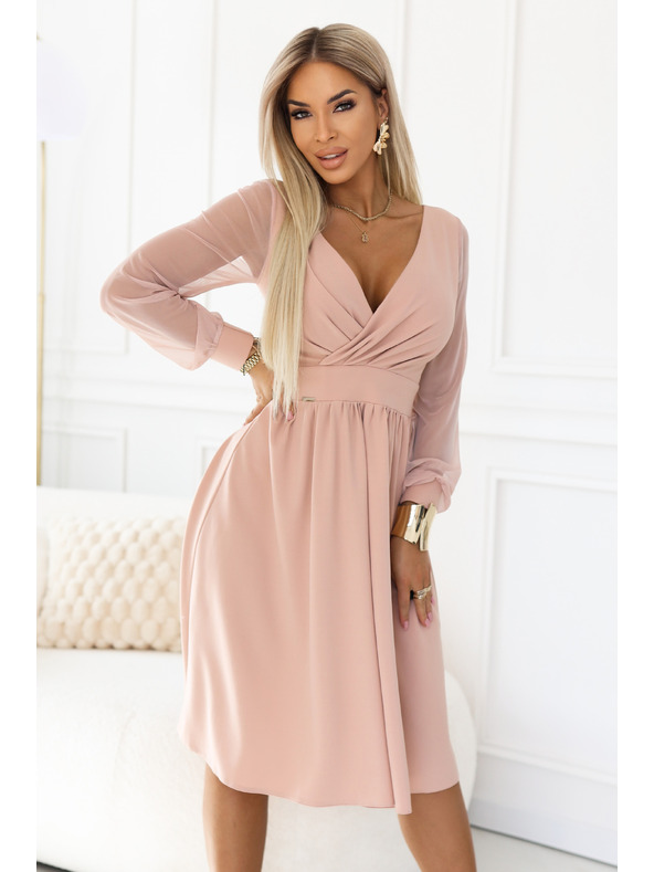 numoco Rochie midi elegantă cu decolteu tip eșarfă și mâneci din tul - bej