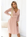 numoco Rochie midi elegantă cu decolteu tip eșarfă și mâneci din tul - bej